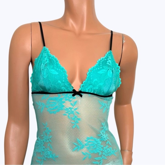 Victoria’s Secret Turquoise Lace Mesh Babydoll Slip Dress M Y2K, Indie Sleaze - Picture 6 of 15